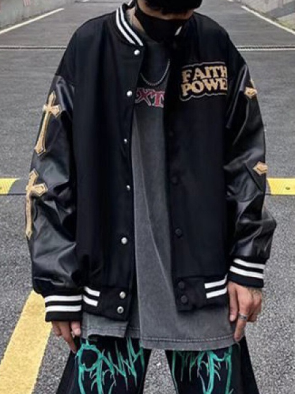 Herren-Jacke aus PU-Leder mit Kreuzstickerei-Aufnäher-1