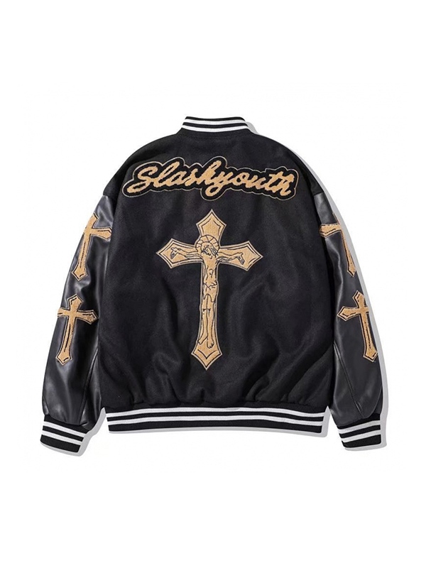 Herren-Jacke aus PU-Leder mit Kreuzstickerei-Aufnäher-2