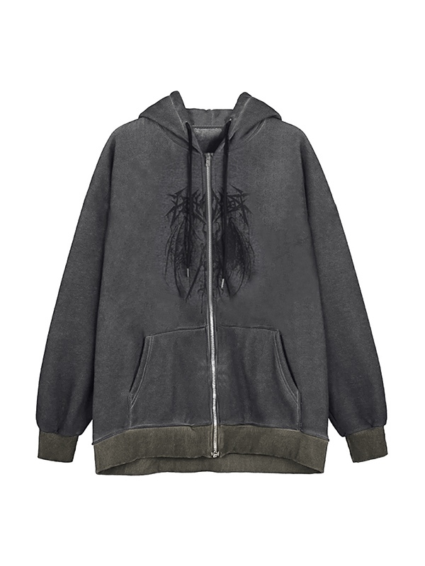 Übergroßer Kapuzenpullover mit Kordelzug und Reißverschluss für Herren mit Dämonen-Print-1