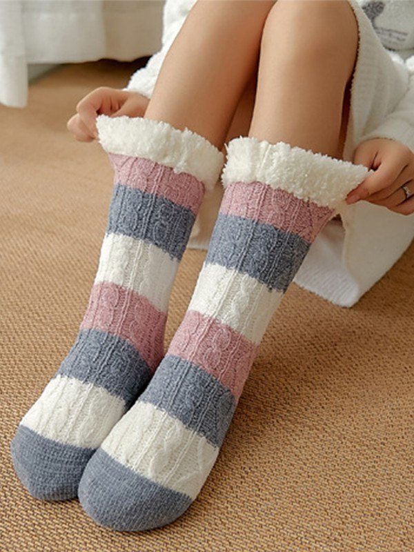 Farbblock gestreifte, mit Fleece gefütterte Socken-1